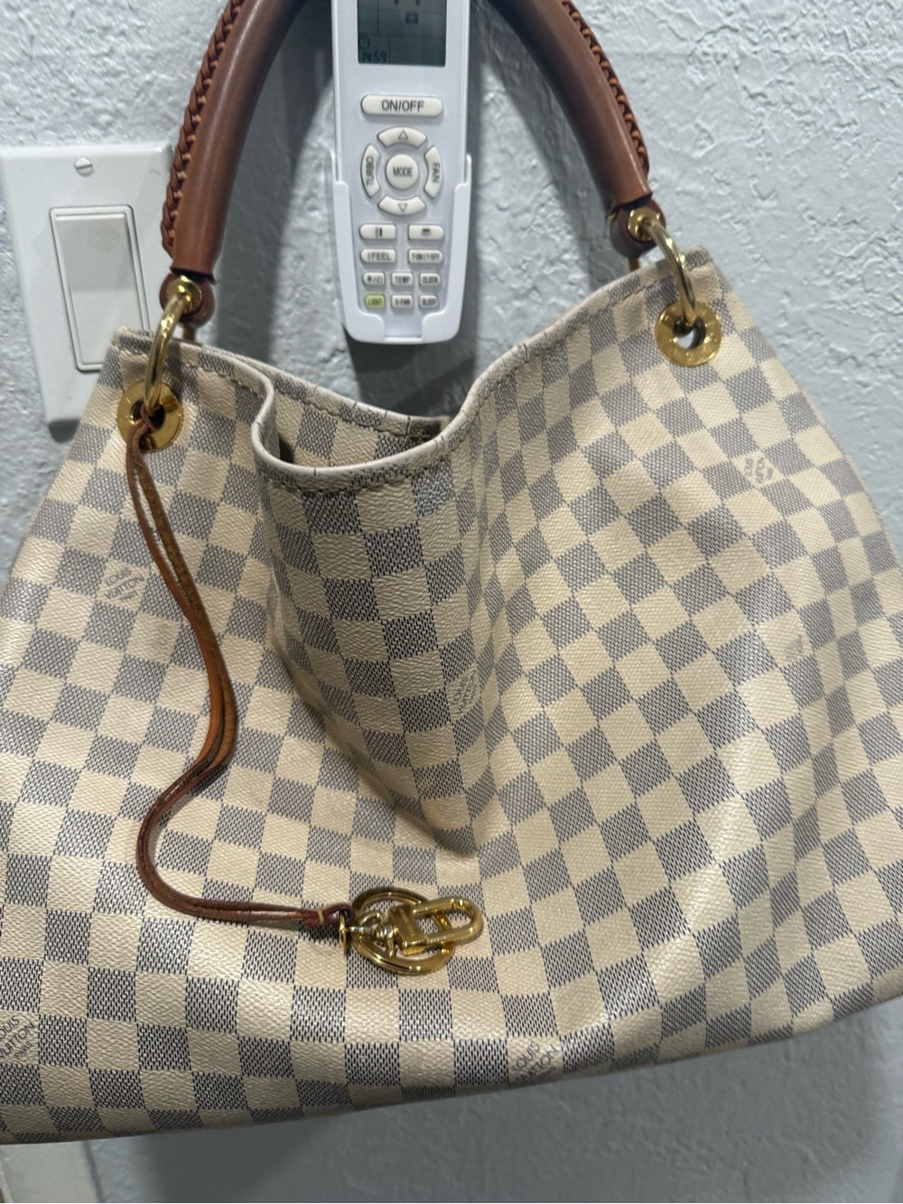 Designer-Style Beige Checkered Tote Bag with Brown Handles